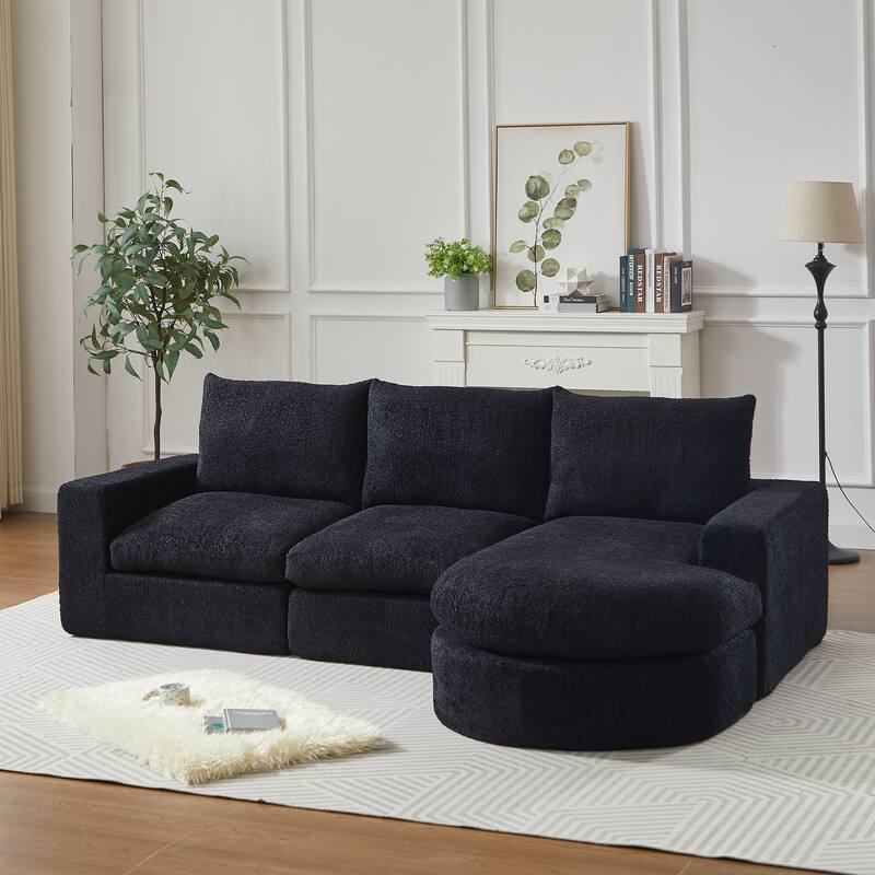 Curved Sectional Sofa with L-Shape Chaise, Chenille Upholstered Boneless Cloud Sofa, Modular 4 Seat Corner Sofa with Cushions