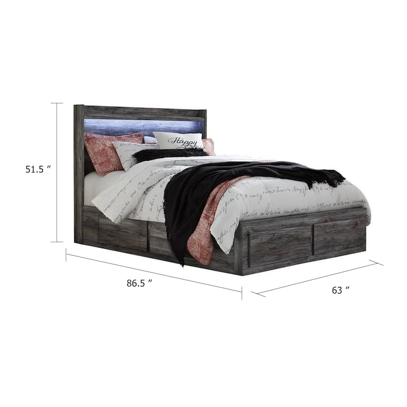 Bays Queen Size Storage Bed with 4 Drawers, Driftwood Smoke Gray, LED