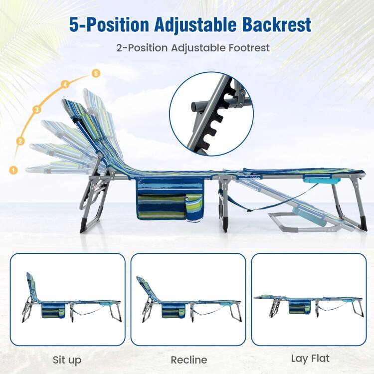 5-Position Folding Chaise Lounge Chair with Adjustable Footrest - 60" x 24" x 33"
