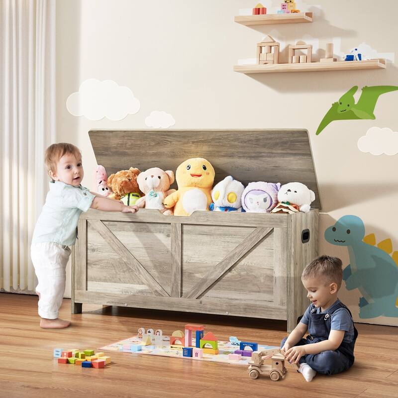 Grey Wooden Kids Toy Storage Bench Box with Flip-Top Lid and Safety Hinge - 39.15” x 15.55” x 18.90”