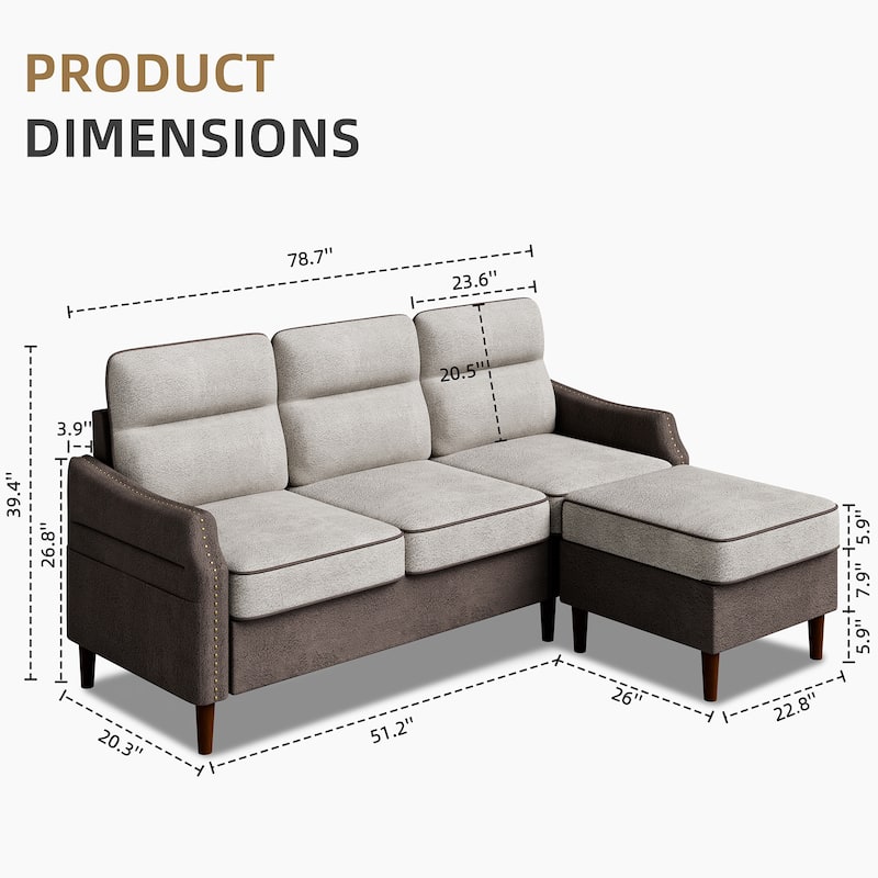 Futzca 78” L Shaped Sofa Couch with Ottoman and Side Storage Bag