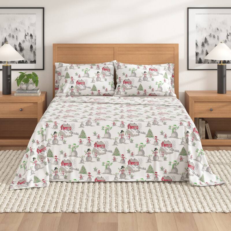 Linery & Co. Turkish Cotton Double-Brushed Christmas Flannel Bed Sheet Set - Full - Winter Wonderland