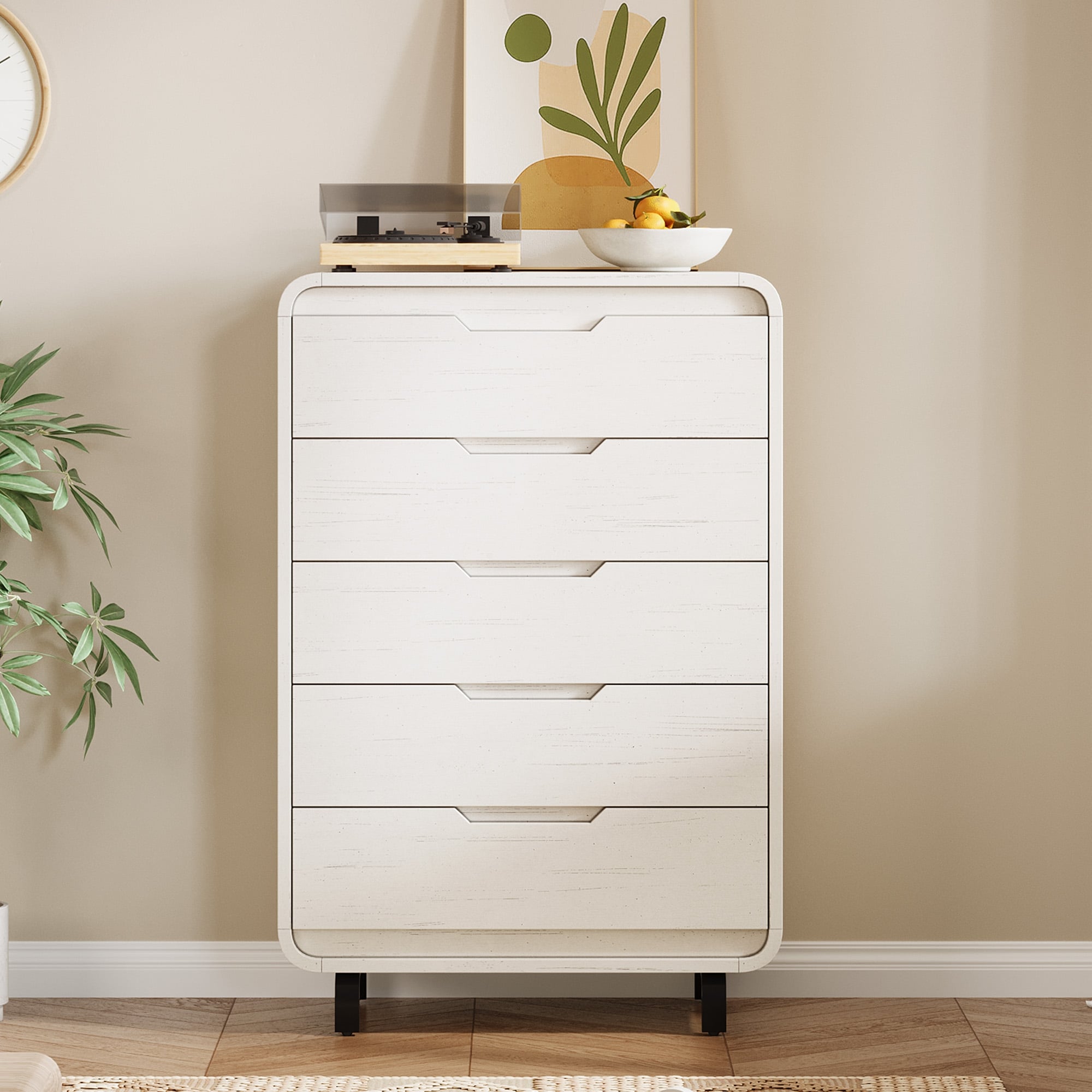 Natural Wood 5-Drawer Tall Dresser, 48-Inch High Freestanding Cabinet for Living Room Storage or Hallway Organization