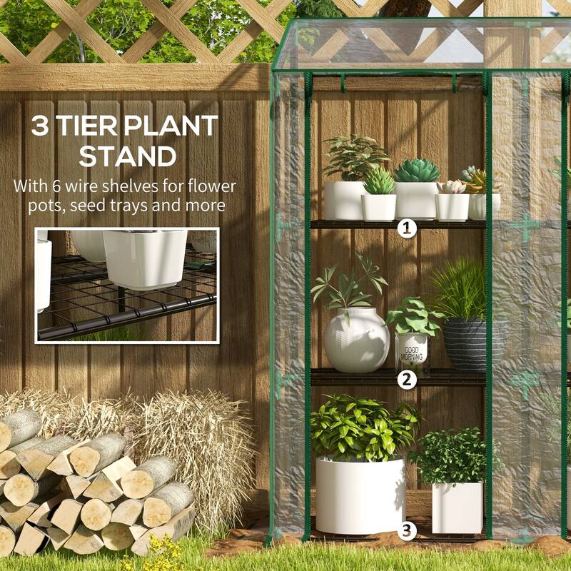 Outsunny 3 Tier Lean-to Greenhouse with 2 Roll-Up Zippered Doors,Portable Small Greenhouse, Clear