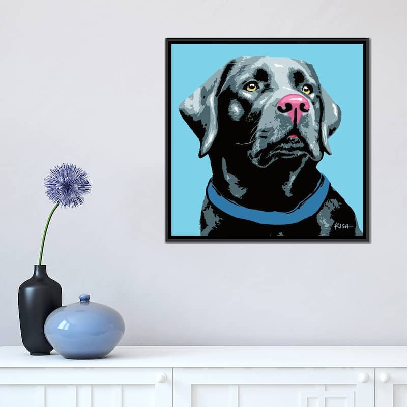 iCanvas "Black Lab Blue Woofhol" by Gretchen Kish Serrano Framed Canvas Print