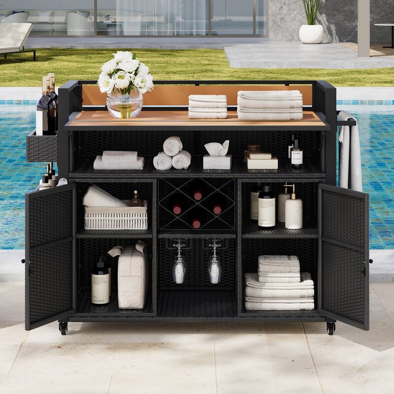 52.8"W Wicker Outdoor Grill Cart with Extended Plastic Wood Table Top & Storage Cabinet - Black+Brown