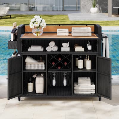 Marils Wicker Rolling Kitchen Island with Extended Plastic Wood Table Top(53-in x28-in x42-in)