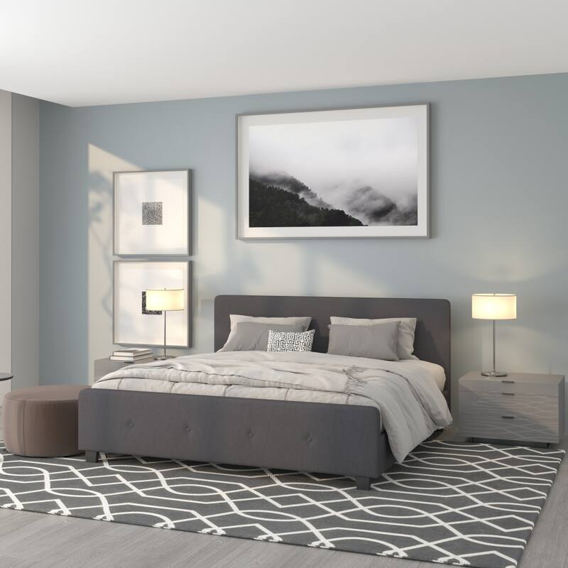 Button Tufted Upholstered Casual Style Platform Bed - Dark Gray - King