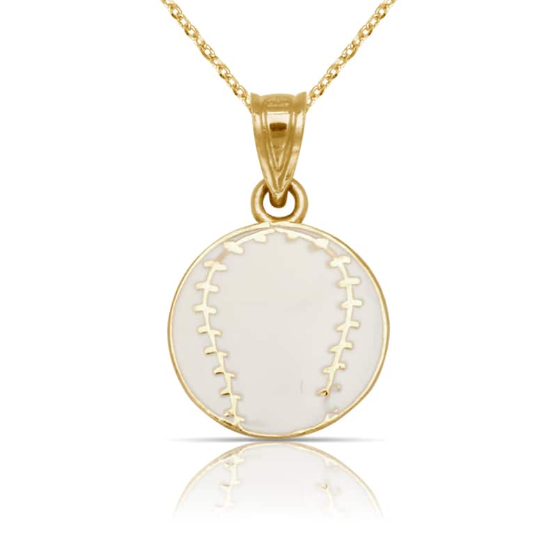 Curata 14K Yellow Gold 18" White Enamel Flat Baseball Ball Pendant Necklace Necklace