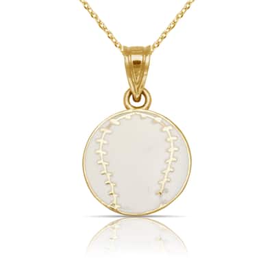 Curata 14K Yellow Gold 18" White Enamel Flat Baseball Ball Pendant Necklace Necklace