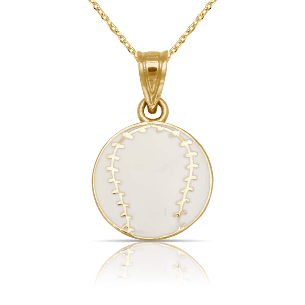 Curata 14K Yellow Gold 18" White Enamel Flat Baseball Ball Pendant Necklace Necklace