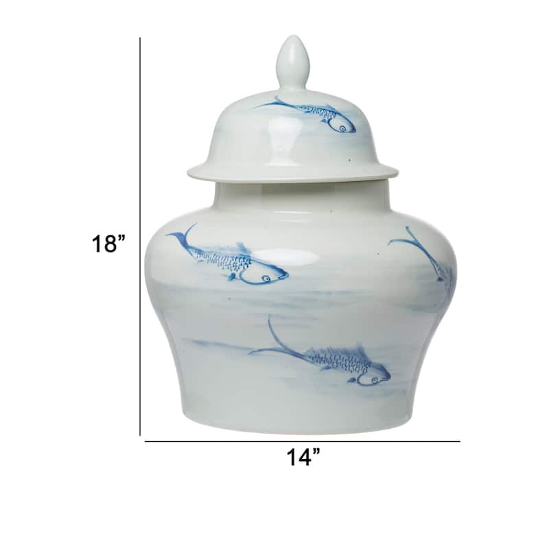18 Inch Porcelain Ginger Jar, Artful Wispy Fish, Classic White and Blue