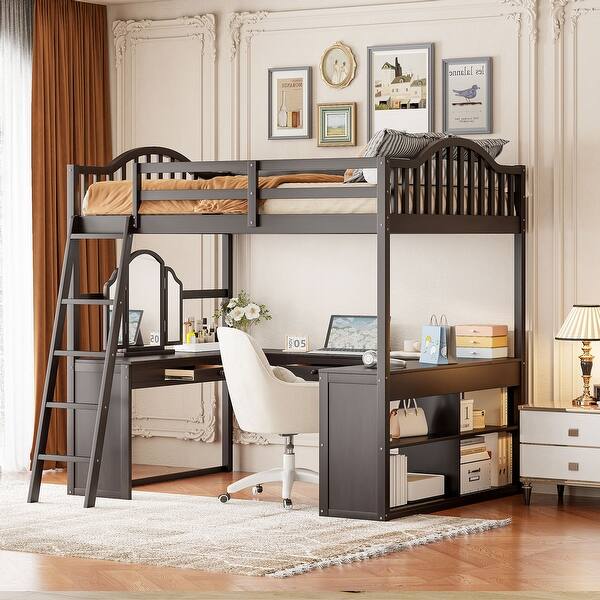 slide 2 of 18, Full Size Wooden Loft Bed with U-Shaped Desk, Storage Compartments & Tri-Fold Mirror - Stylish Space-Saving Furniture Espresso