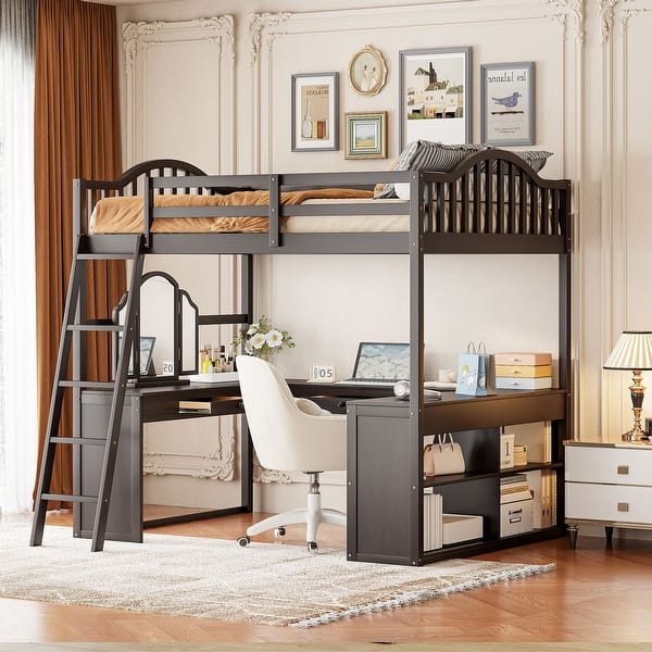 slide 2 of 16, Full Wooden Loft Bed with U-shaped Desk, Storage Compartments & Tri-fold Mirror, Stylish Grooming Station, Espresso Espresso
