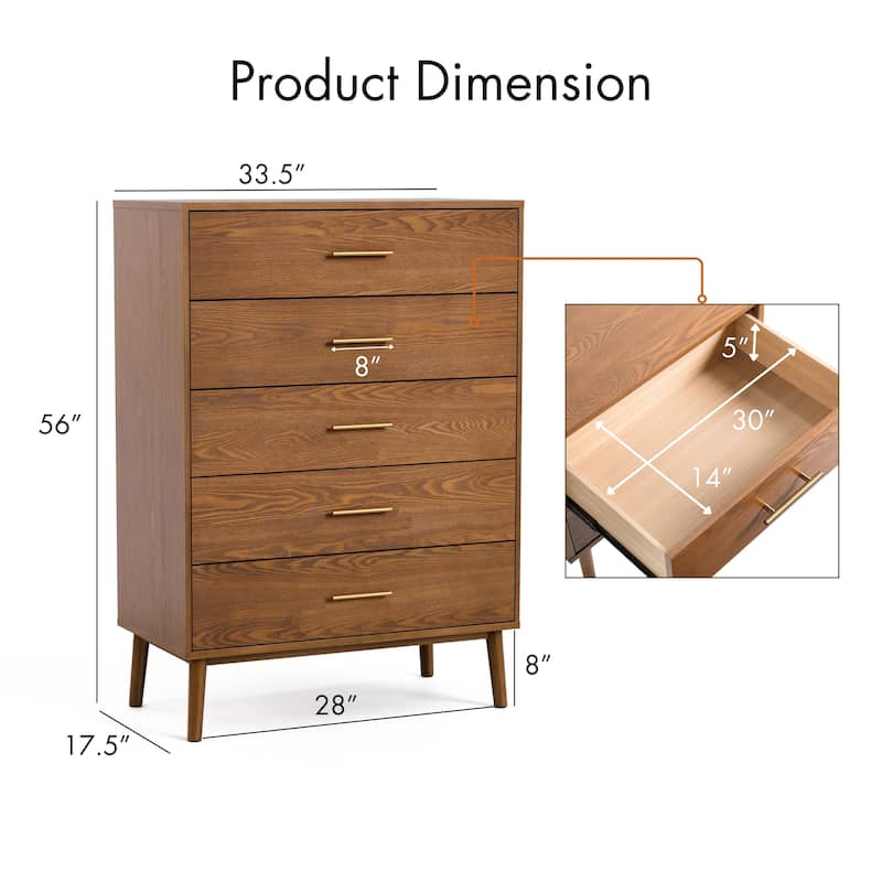 Furniture of America Beau Midcentury Walnut 5-Drawer Chest with Interlocking Drawers