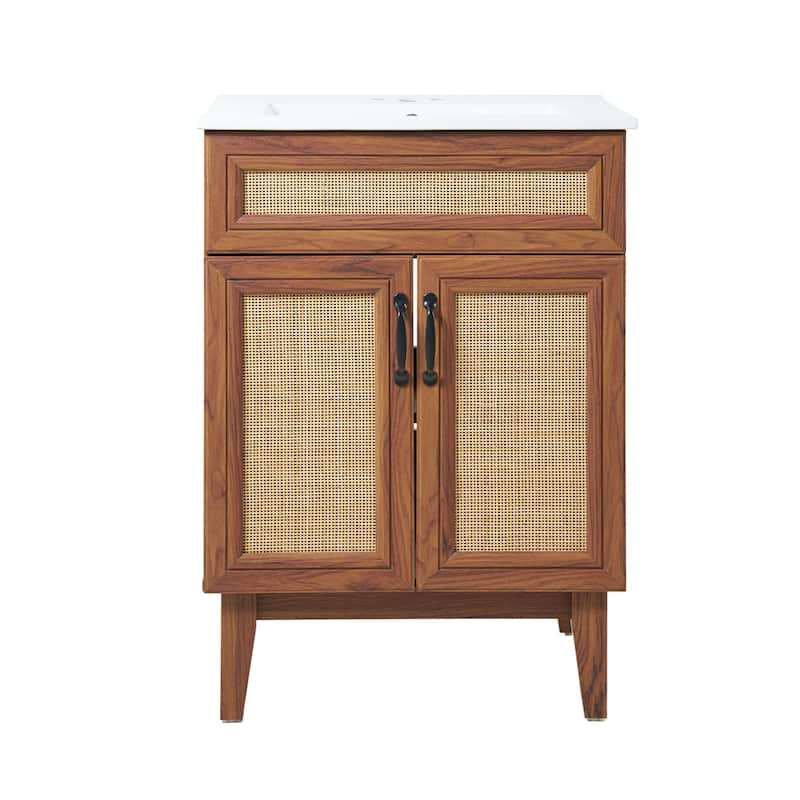 Ancillary Rattan Modern Farmhouse 2-Shelf Bath Vanity Cabinet Only (Sink Basin not Included), by JONATHAN Y - 24 in. - Walnut