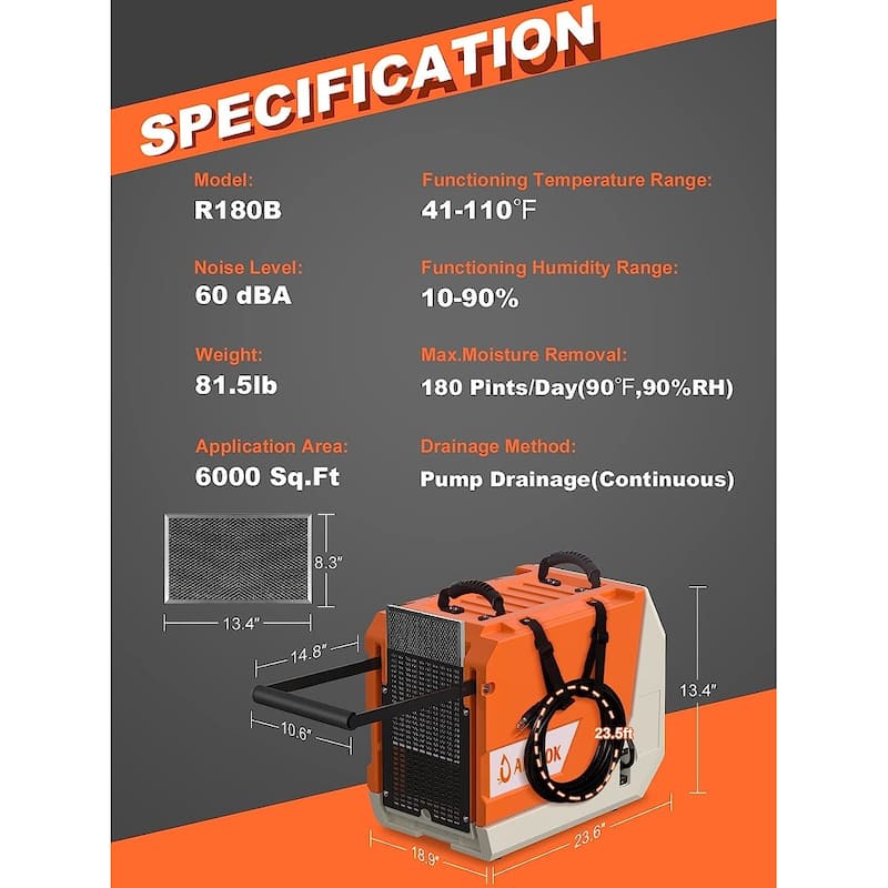 180 PPD Commercial Dehumidifier with Pump Auto Defrost Memory Starting