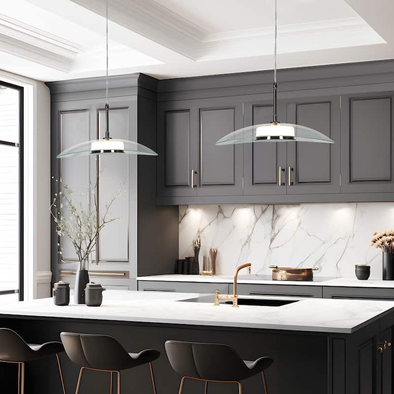 Modern 1-Light Glass LED Pendant Lights for Kitchen Island Dining Room - Black - D 14.2" x H 8.3"