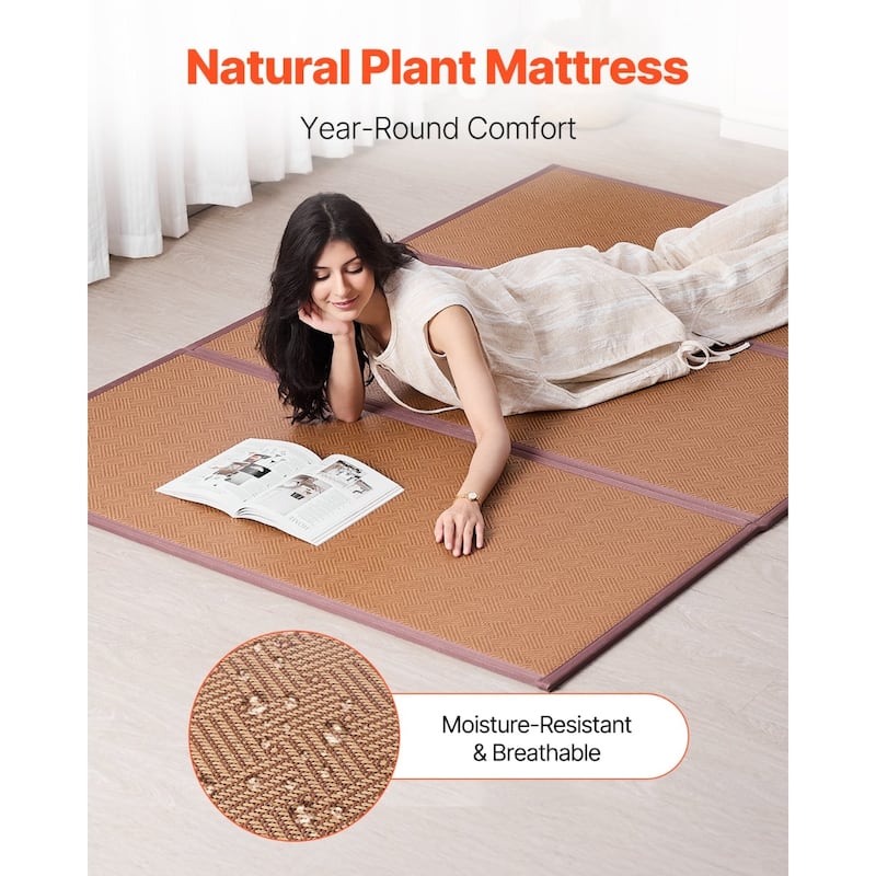 Foldable Japanese Tatami Mat Full XL 55'' x 80'', Non-Slip Rattan Mattress - 80 x 55 x 0.5 in