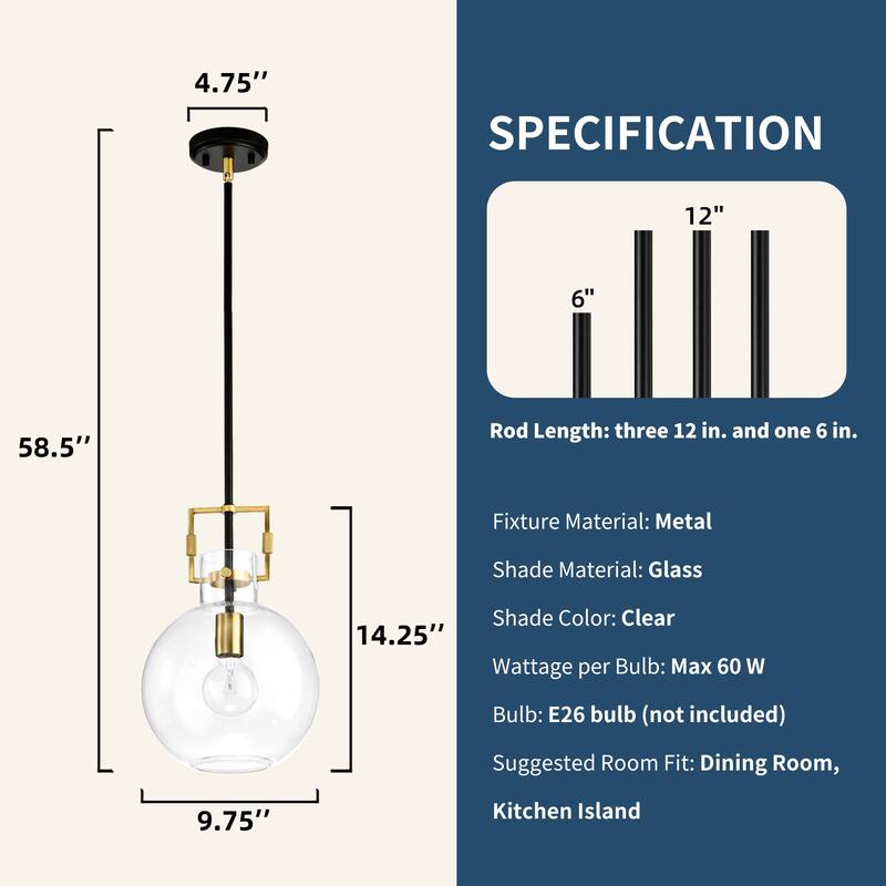 Black and Antique Gold 1-Light 10 Inch Globe Shaped Clear Glass Pendant