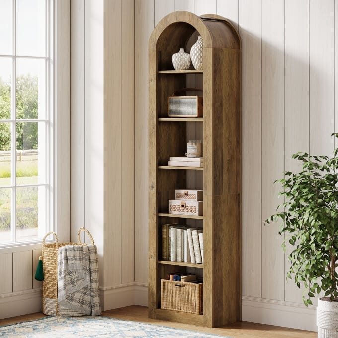 74.8-Inch Arched Tall Bookshelf, 6-Tier Rustic Wooden Bookcase