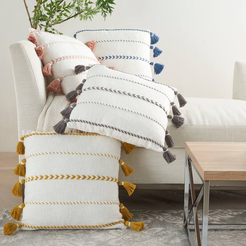 Mina Victory Life Styles Farmhouse Casual Stripe Tassel Fringe Throw Pillow