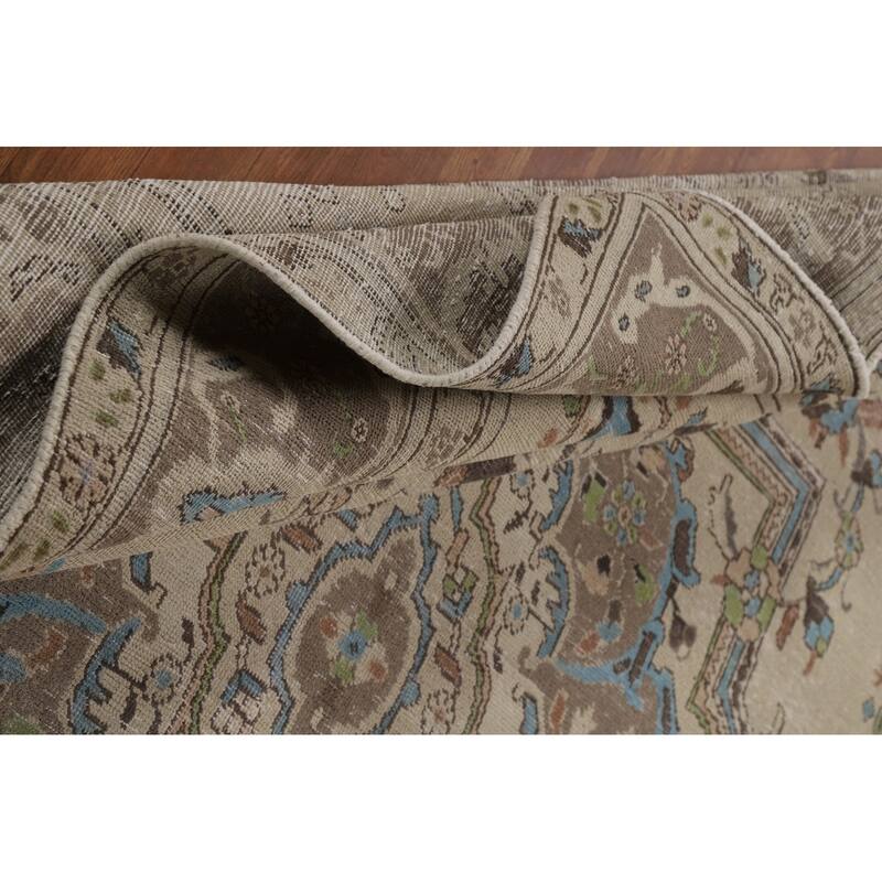 Floral Medallion Tabriz Persian Rug Hand-Knotted Beige Wool Carpet - 8'0"x 11'5"