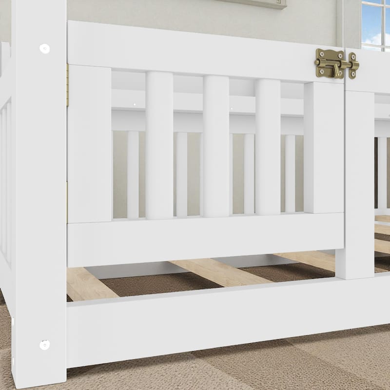 Twin/Full Size Montessori Floor Bed with Canopy and Guardrails, Solid Wood Kids Bed Frame with Shelves, No Box Spring Needed