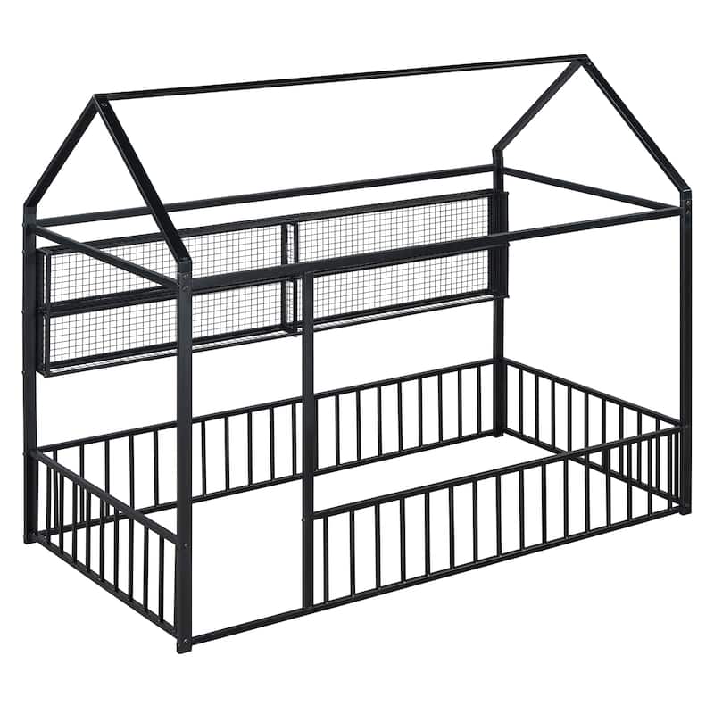 Metal House Bed Frame Kids Montessori Bed Floor Bed with Fence and Shelves for Kids Girls Boys