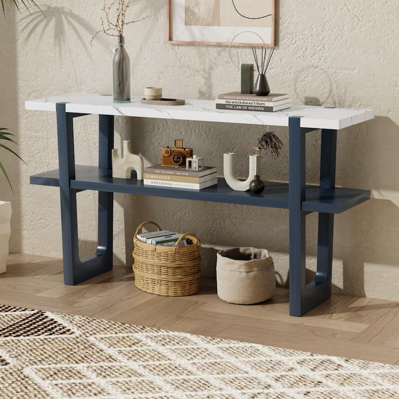 Console Table with Marble-Effect Top, Retro Entryway Table with Open Shelf