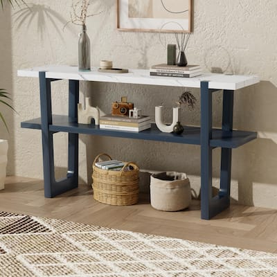 Console Table with Marble-Effect Top, Retro Entryway Table with Open Shelf