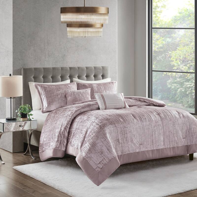GDF Studio - Crinkle Velvet Comforter Set with Decorative Pillows - Blush (King/Cal King)