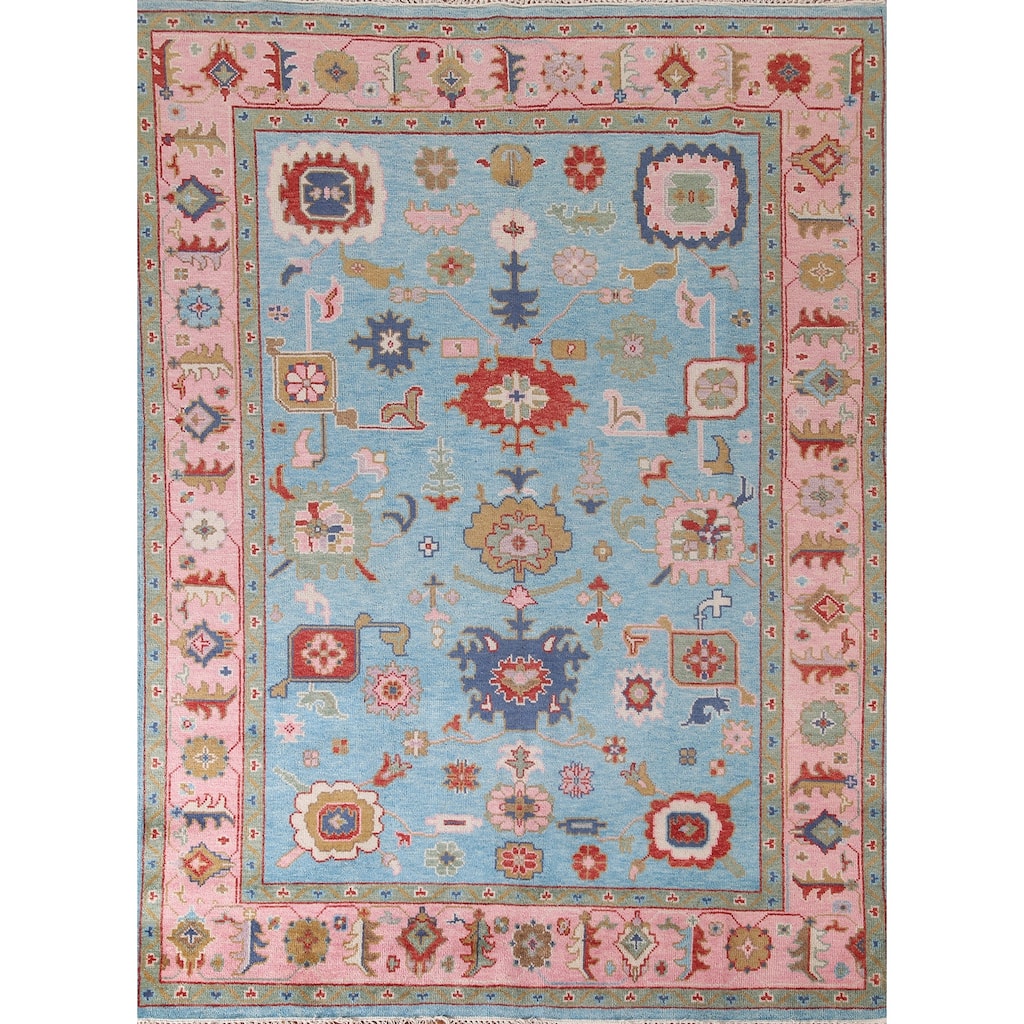 Light Blue Oushak Area Rug Hand-Knotted Transitional Wool Carpet - 7'9"x 9'9"