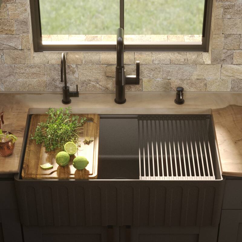 Karran 33" Single Bowl Workstation Fireclay Kitchen Sink with Reversible Fluted Apron Front