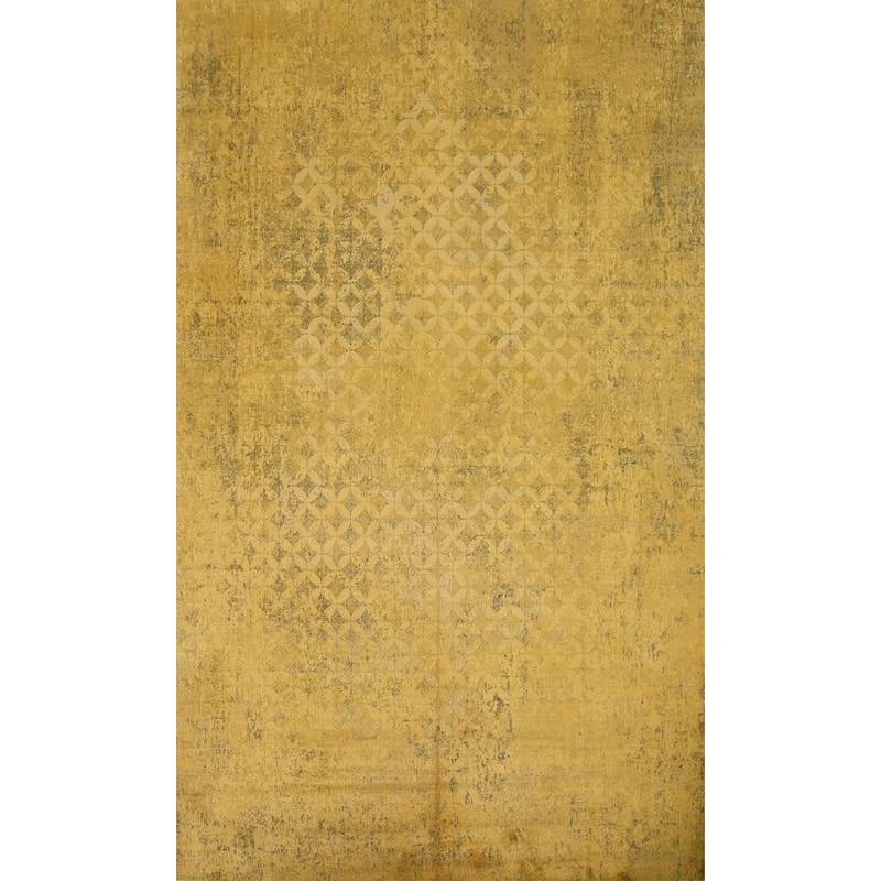 Machine Made Oriental Polyester Carpet Geometric Yellow & Gold Distressed Area Rug - 7' 5'' X 5' 2''