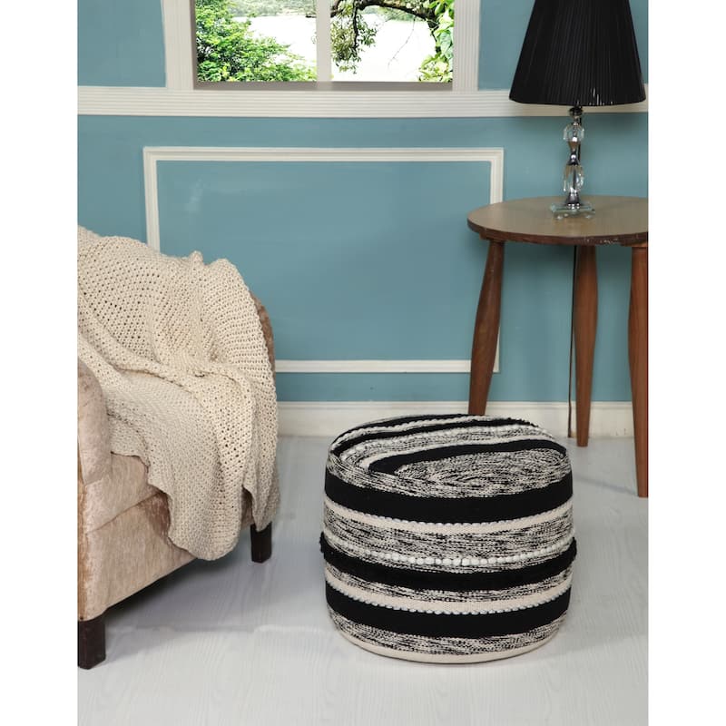 Contemporary Cotton Pouf Ottoman 18" Striped Design Sturdy and Lightweight for Living Room