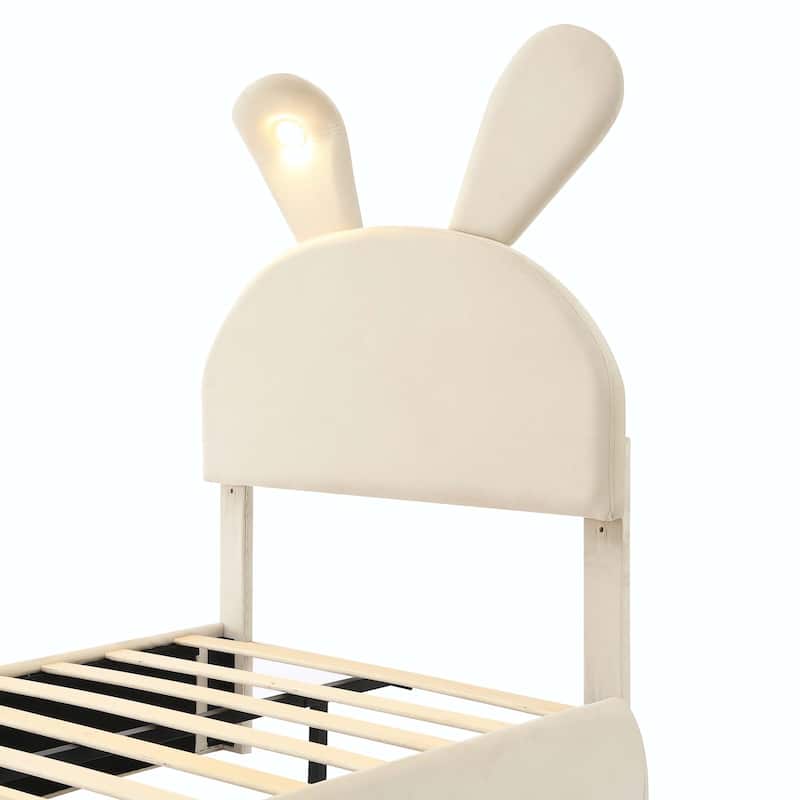Upholstered Platform Bed with Cartoon Ears Shaped Headboard and Light