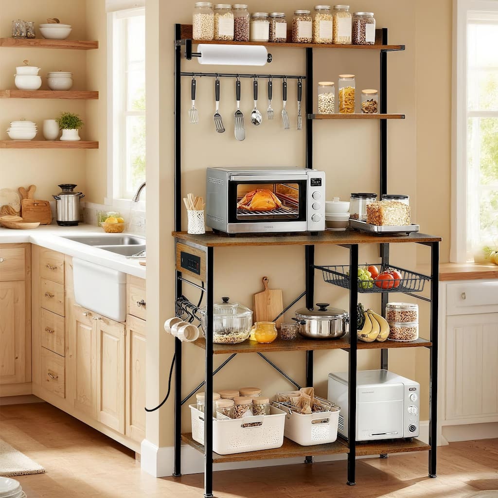 Bakers Rack with Power Outlet, Microwave Stand with Storage, Coffee Bar with S-Shaped Hooks, Kitchen Shelf with Wire Basket