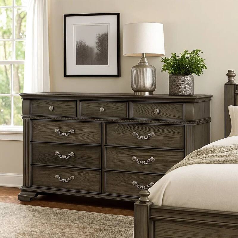 Akia 62 Inch 9 Drawer Wide Dresser Chest, Round Metal Knobs, Smooth Gray