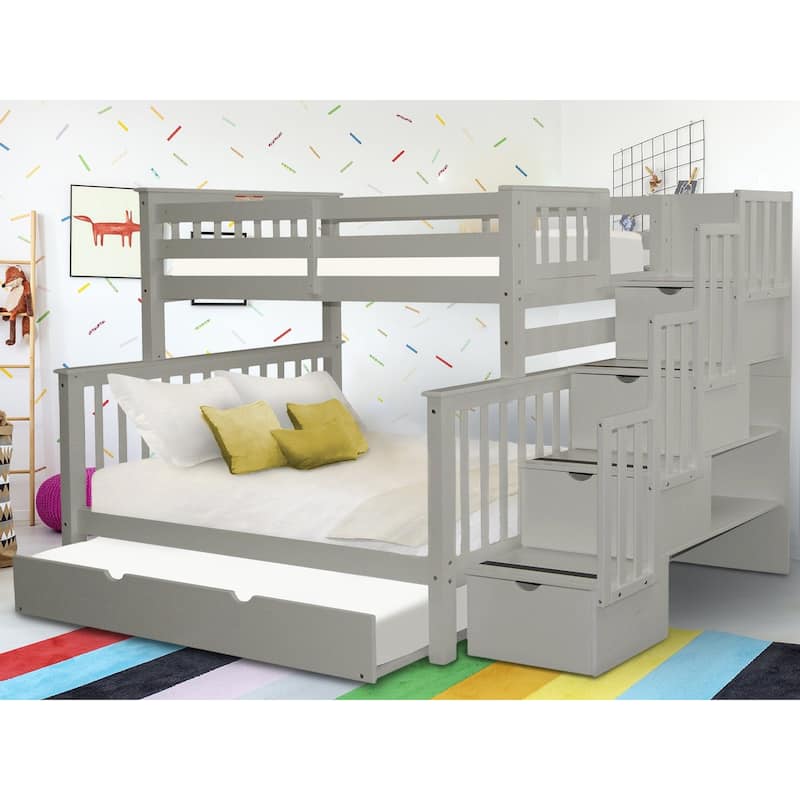 Taylor & Olive Trillium Twin over Full Stairway Bunk Bed, Full Trundle - Grey