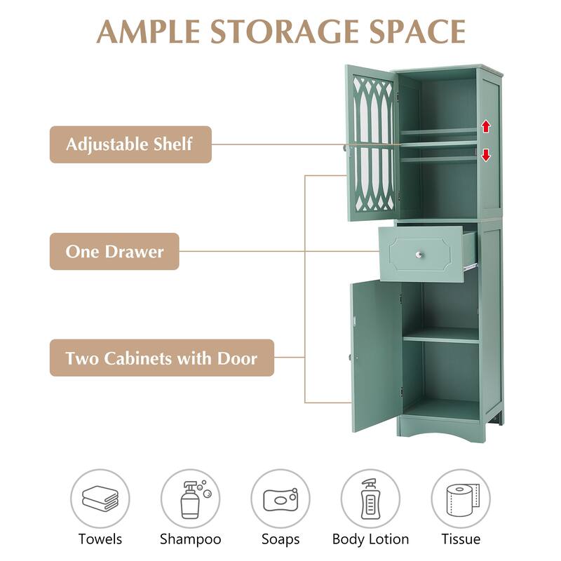 Freestanding Adjustable Storage Cabinet with Metal Knobs, Acrylic Panel Door Cabinet, Groove Pattern Drawer and Door Cabinet