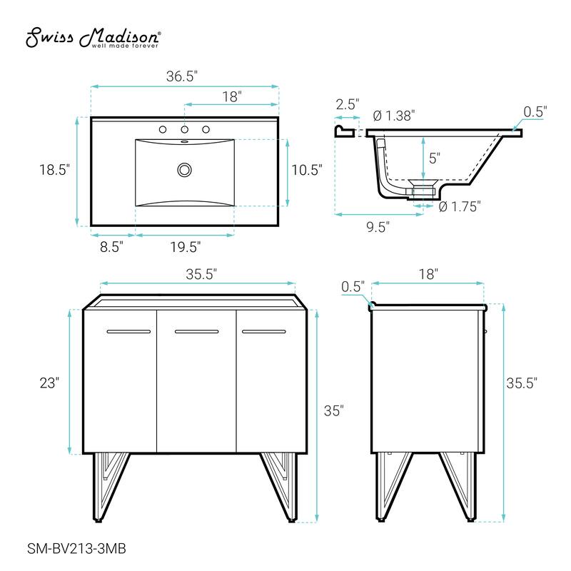 Annecy 36 In. White Bathroom Vanity With Black, 3-Hole Ceramic Sink Top