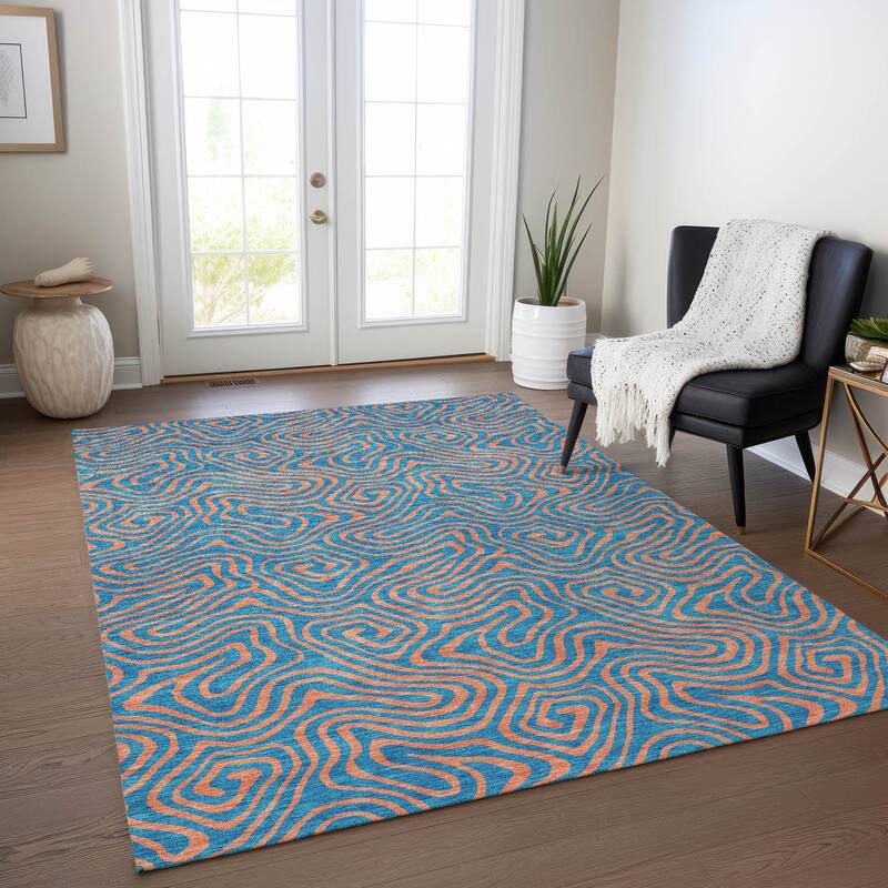 Machine Washable Indoor/ Outdoor Modern Trance Chantille Rug - Teal - 9' x 12'