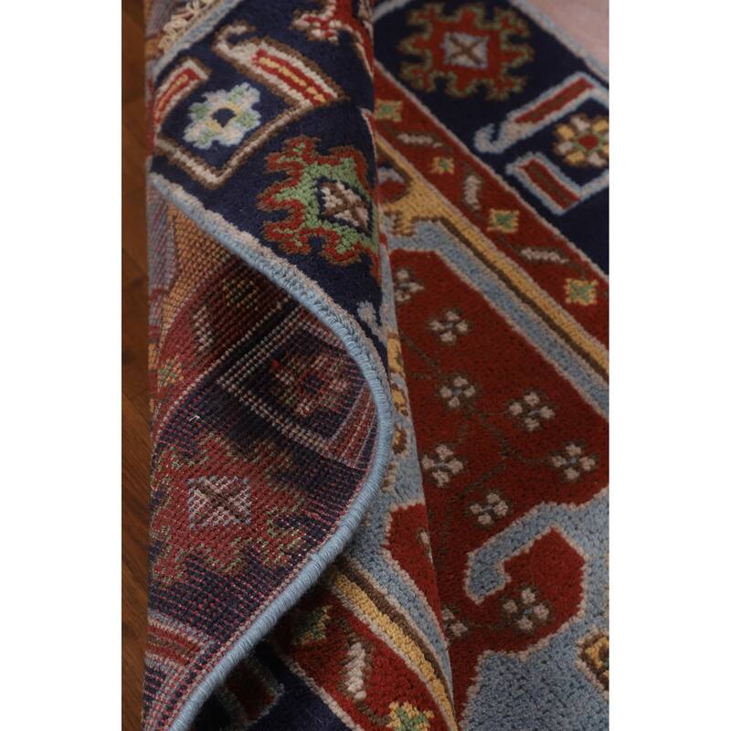 Blue Geometric Kazak Oriental Foyer Rug Handmade Wool Carpet - 4'0"x 5'10"