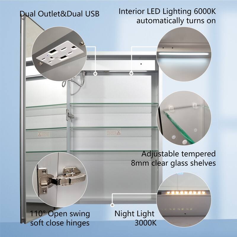 ExBrite LED Lighted Bathroom Medicine Cabinet with Mirror and Shelf,Recessed or Surface Mount,Defog, Stepless Dimming