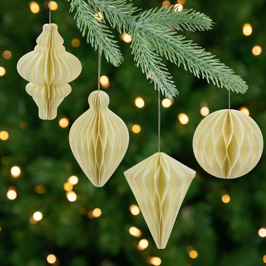 Foldable Paper Honeycomb Christmas Finial Ornaments - 4" - Cream - Set of 4