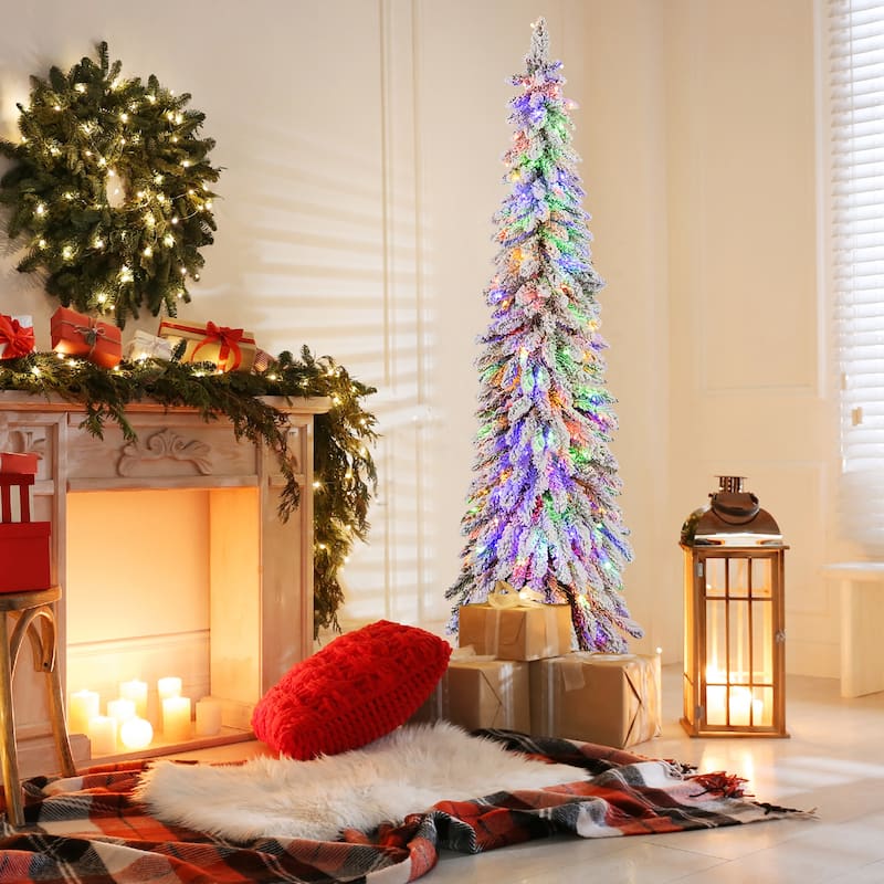 Gymax 4/5/6 FT Pre-Lit Artificial Christmas Tree Snow-Flocked Slim