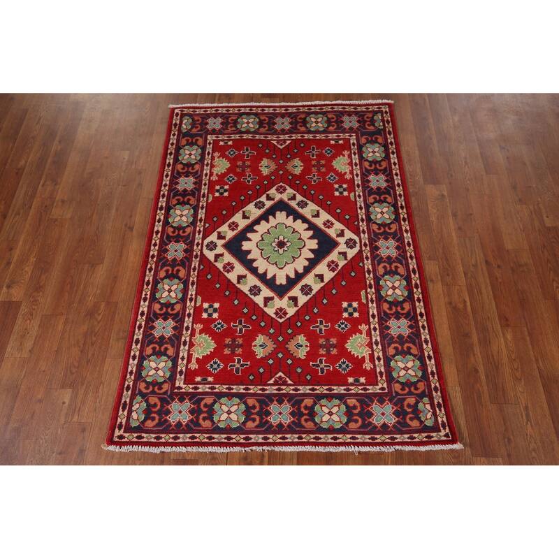 Geometric Red Kazak Oriental Foyer Rug Hand-Knotted Wool Carpet - 3'3" x 4'9"