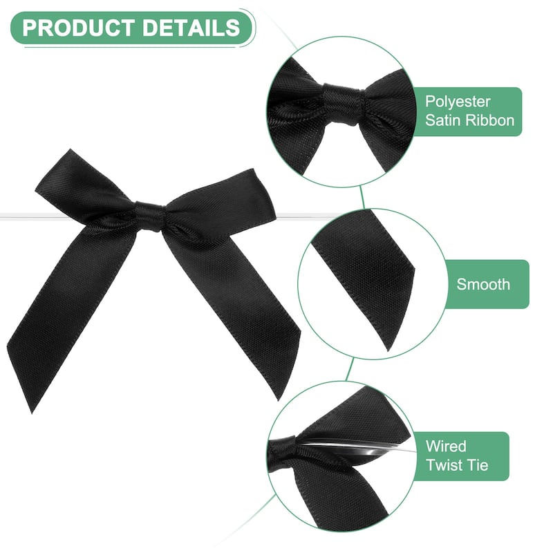 100-Pack Satin Ribbon Twist Tie Bows 2.4x2.8" Bow Twist for Craft - Black