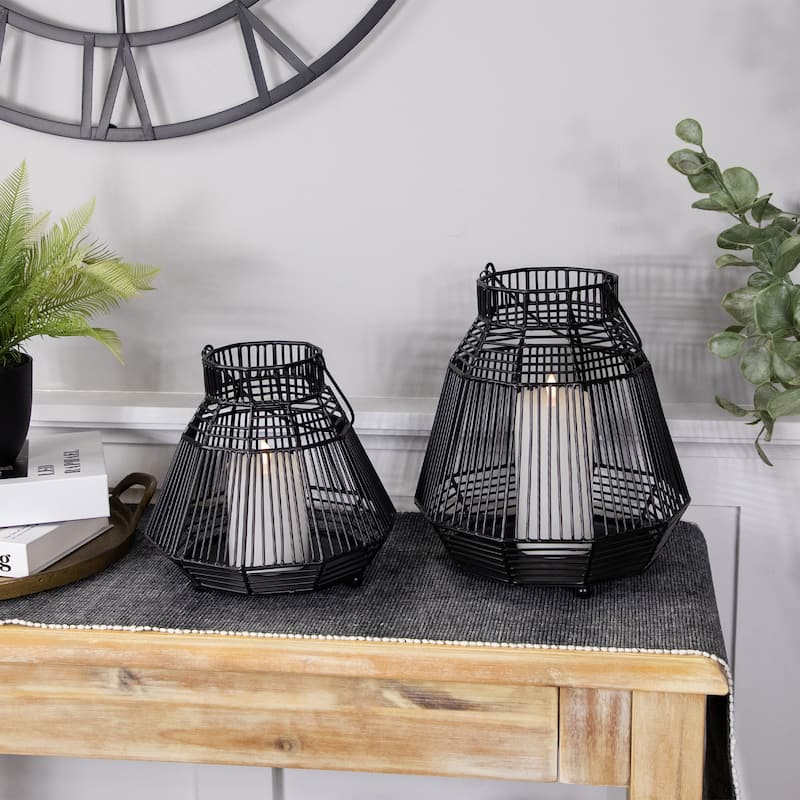 Large Geometric Iron Hurricane Candle Lantern - 11.25" - Black